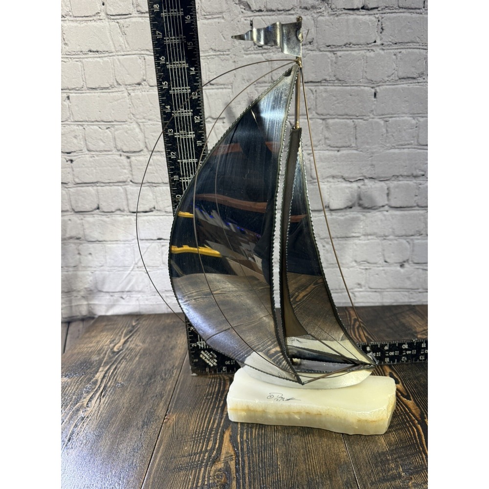 Vintage Signed John DeMott Art Metal Sailboat 17" Onyx Collectible 1975 boat - Picture 3 of 16